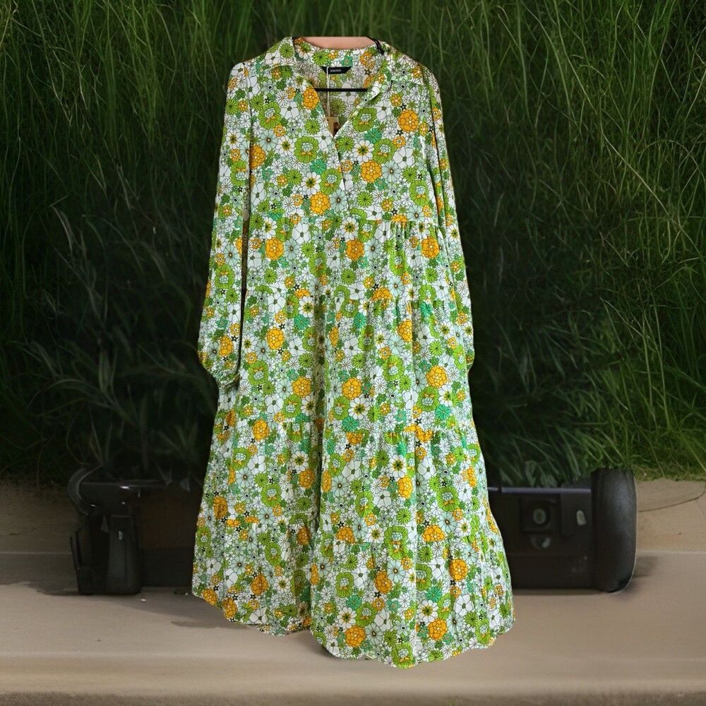 NWT Dokotoo Women's Long Puff Sleeve Green Floral Maxi Dress Size Large